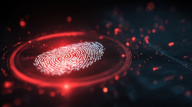 A digital representation of a fingerprint surrounded by glowing particles, suggesting themes of technology and security. - Powered by Adobe