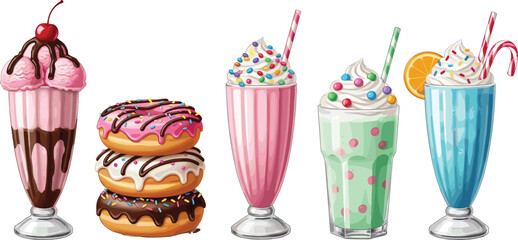Vector collection of sweet treats, milkshakes, donuts stack, ice cream sundae, colorful drinks, white background