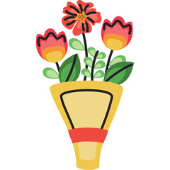 Stylized Bouquet of Orange and Red Flowers Tied with a Red Ribbon in a Yellow Wrapper with Green Leaves and a Transparent Background