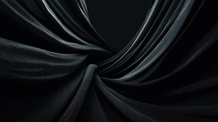 Fototapeta premium A dramatic close-up of flowing black fabric, creating a wave-like pattern against a dark background, evoking depth and texture.