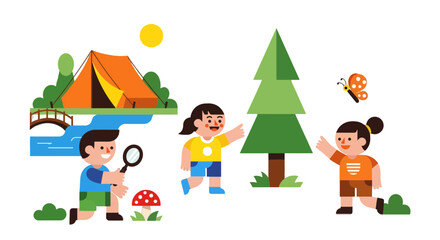 Fototapeta premium Children Exploring Nature and Camping in an Illustrated Adventure Scene