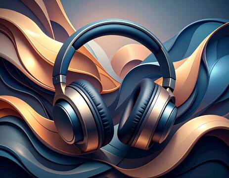 Modern Headphones Surrounded by Abstract Sound Waves in Gold and Blue — Futuristic Audio Concept for Music, Podcast or Tech Branding