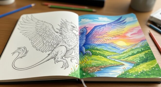 Griffin illustration transitioning from monochromatic sketch to vivid watercolor landscape art - Powered by Adobe