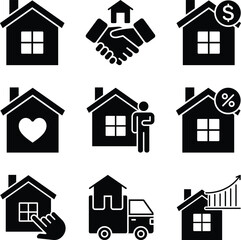 Real Estate Decision, Finance & Moving Icons – Minimalist Silhouette Art Set