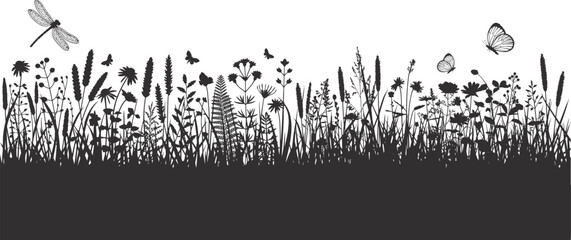 Wildflower Meadow Grass Insect Silhouette Border Vector .