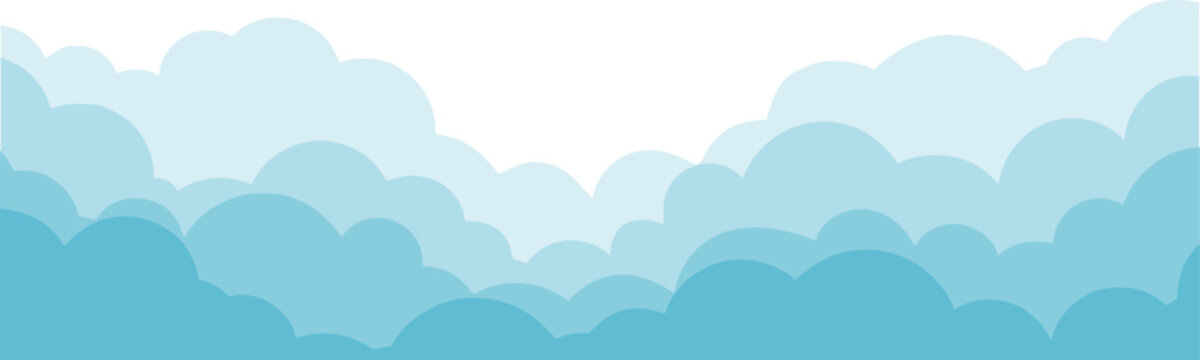 A collection of four stylized cloud silhouette borders in blue and sky-blue shades. Minimal, pastel vector illustration ideal for background, decorative frames, web headers, or children's designs.