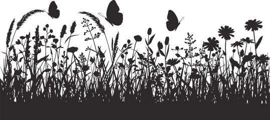Wildflower Meadow Grass Insect Silhouette Border Vector .