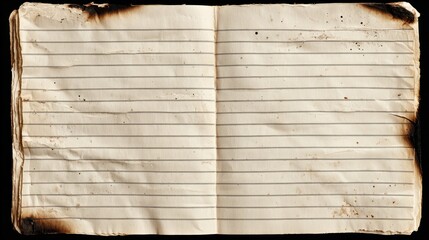 An open, worn notebook with creased pages, featuring faint lines and burn marks along the edges, suggesting age and use.