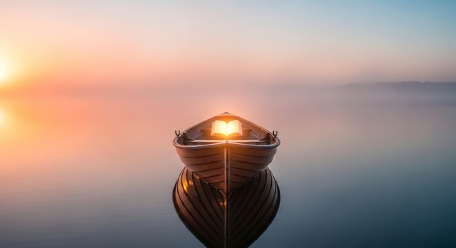 Serene sunrise scene with a mystical glowing book in a peaceful boat on misty waters