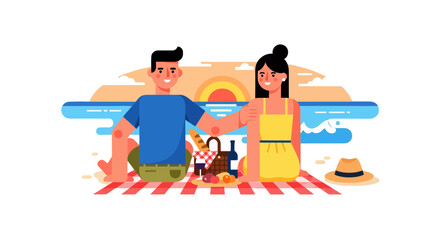 Obraz premium Couple Enjoying Picnic On The Beach During The Sunset Minimal Flat Illustration