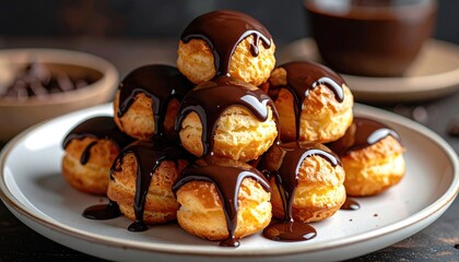Delicious profiteroles with rich chocolate sauce cascading over each pastry. These desserts offer a delightful combination of textures and flavors. 