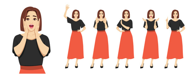 Business young woman standing in different poses. Negative and positive emotions set. Isolated vector illustration