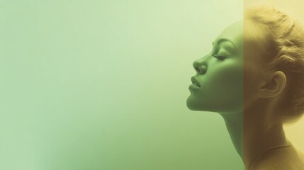 A serene profile of a woman against a soft, gradient background, highlighting beauty and tranquility with a modern, artistic vibe.