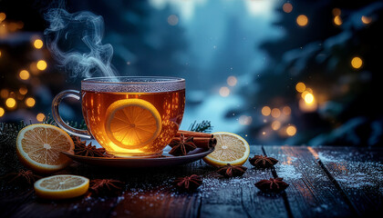 Warm lemon tea glowing softly in a winter night scene. Steaming citrus tea shining in cozy holiday twilight. Hot tea with lemon surrounded by magical winter bokeh