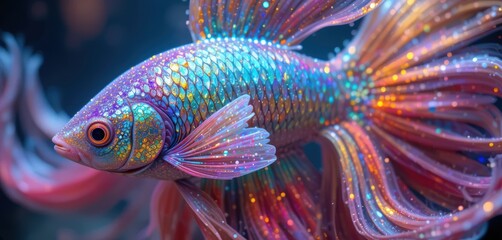 Dreamy pink and blue fantasy fish with sparkling flowing fins swimming in dark water, digital art style.