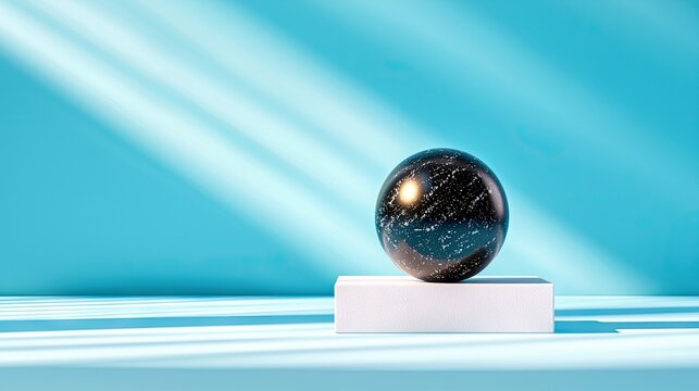 A dark, speckled sphere rests on a white rectangular pedestal, casting shadows on a light blue surface under diagonal light rays.
