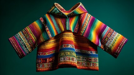 Close up of a colorful andean poncho with a hood on a dark green background in a studio setting