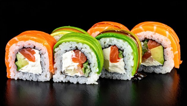 Delicious sushi rolls arranged on a black surface, capturing the appetizing presentation of each piece. The vibrant colors of salmon, avocado, and rice create a visually appealing display