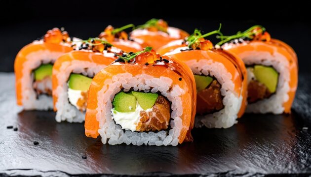 Delicious sushi rolls, a mouthwatering culinary delight, beautifully arranged and ready to be savored. Each roll is expertly crafted, showcasing a vibrant array of flavors and textures