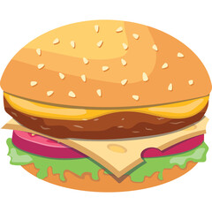 Stylized Cheeseburger illustration with melted cheese and fresh toppings on a transparent background perfect for fast food marketing