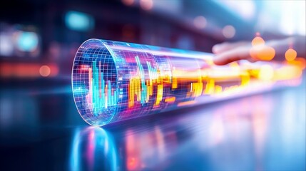 A hand interacts with a glowing cylindrical display showing stock market charts and data, symbolizing financial technology and analysis.