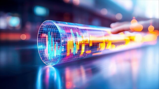 A hand interacts with a glowing cylindrical display showing stock market charts and data, symbolizing financial technology and analysis.