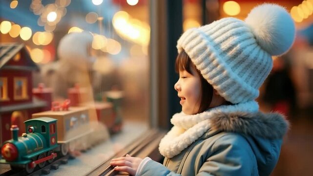 Little happy asian girl gazing at christmas toy window with joyful smile. Concept of christmas shopping.