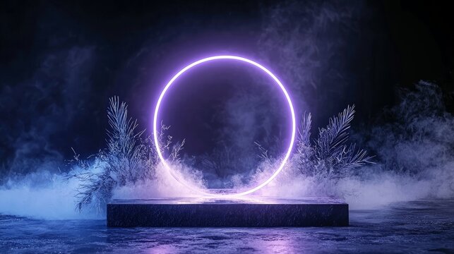 A dark, atmospheric scene features a glowing purple neon ring on a stone platform surrounded by wispy smoke and stylized tropical foliage. - Powered by Adobe