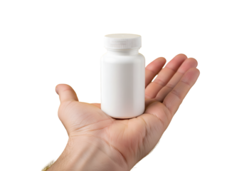 White plastic pills bottle in male hand on transparent background Mockup for design medicine concept
