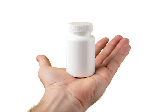 White plastic pills bottle in male hand on transparent background Mockup for design medicine concept