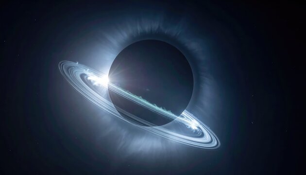 A stunning cosmic image showcasing a radiant planet with prominent rings set against a dark backdrop