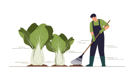 Obraz premium Cultivating Fresh Vegetables With a Rake in a Tranquil and Illustrative Garden Scene