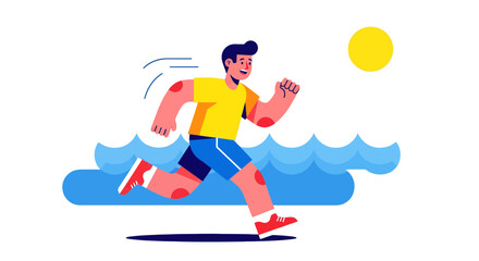 Obraz premium Energetic Athlete Sprinting On Coast During Evening Overlapping With The Sunshine