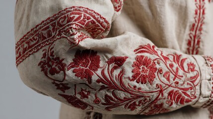 Close up of a white fabric sleeve with intricate red floral embroidery design pattern on the fabric