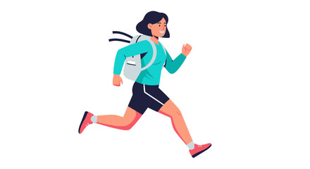 Energetic Woman With Backpack Is Running Isolated On A Black Background Adventure Concept