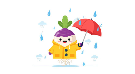 Cute Turnip Character with Umbrella Enjoying Rainy Day Cartoon Illustration
