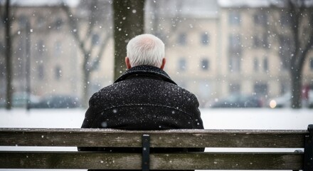 Elderly Man Solitude: Senior Sitting Alone on Park Bench During Heavy Snowfall in Winter Scene.