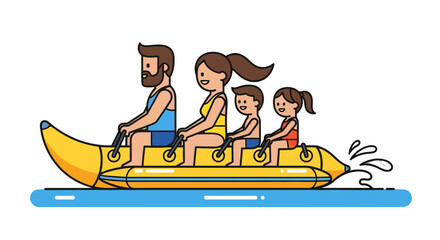 Family Enjoying Banana Boat Ride And Splashing Water On A Summer Vacation