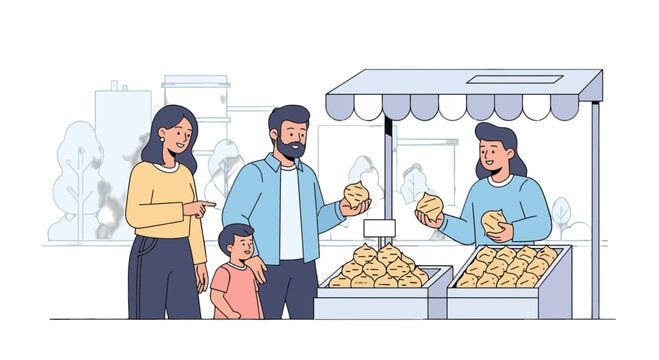 Family Buying Fresh Produce At Local Market Stall, Supporting Sustainable Agriculture