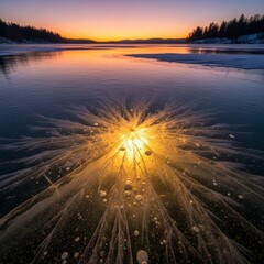 Golden light radiating through intricate starburst ice patterns on a frozen winter lake surface at