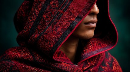 Portrait of a person wearing a red and black patterned hood against a dark green background studio shot
