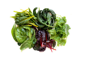 Mixed of fresh vegetable green leaves, including green kale and red-veined chard, spinach on white background.