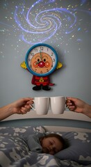 Peaceful Slumber Beneath a Cosmic Projection While Parents Share a Quiet Moment Overhead