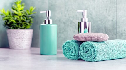 A serene spa setting featuring rolled teal towels topped with a smooth stone, a teal soap dispenser, and a small potted plant.