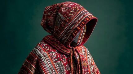 Person wearing a red patterned hooded poncho against a dark teal colored background in a studio shot