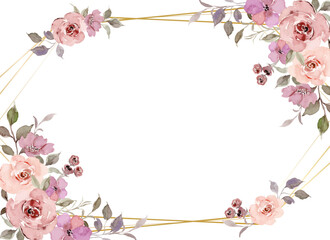 Watercolor rose flowers with a gold frame