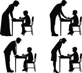 Silhouette illustration of teachers assisting young students at desks, educational guidance scene showing adult mentoring children, learning support concept for school tutoring