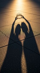 Two shadowy figures in warm sunlight holding a crown of power and aspiration on cracked ground