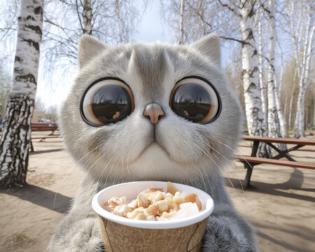 Cute gray cat with big eyes holding coffee cup and nuts in park with birch trees