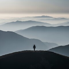 A solitary figure overlooks a majestic layered mountain landscape at a tranquil high elevation